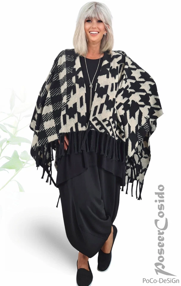 LAGENLOOK Poncho Pullover Überwurf Jacke 42 44 46 48 50 52 54 56 58 schwarz ecru - Bild 2 von 4
