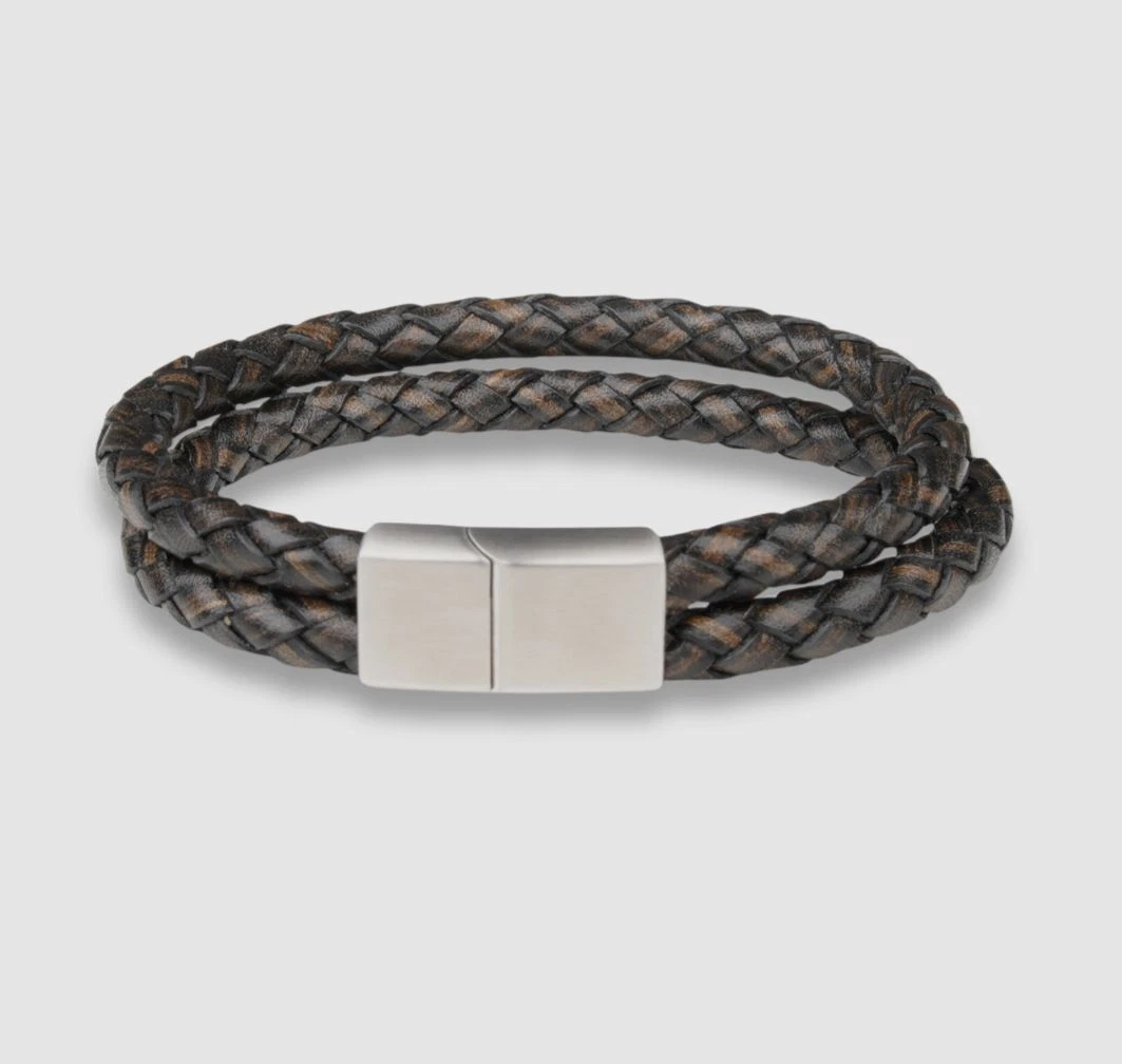 37 Bespoke Men s Black Brown Double Strand Braided Leather Metal Clasp Bracelet