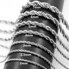 Silver Rope Chain Necklace Stainless Steel Men Women 2/2.5/3/4/5/6/7mm