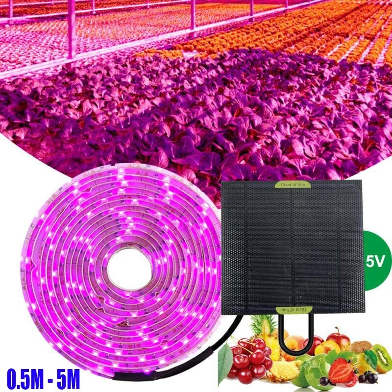 0.5M 5M 20W Solar Panel LED Grow Light Strip Full Spectrum Lamp Greenhouse Plant