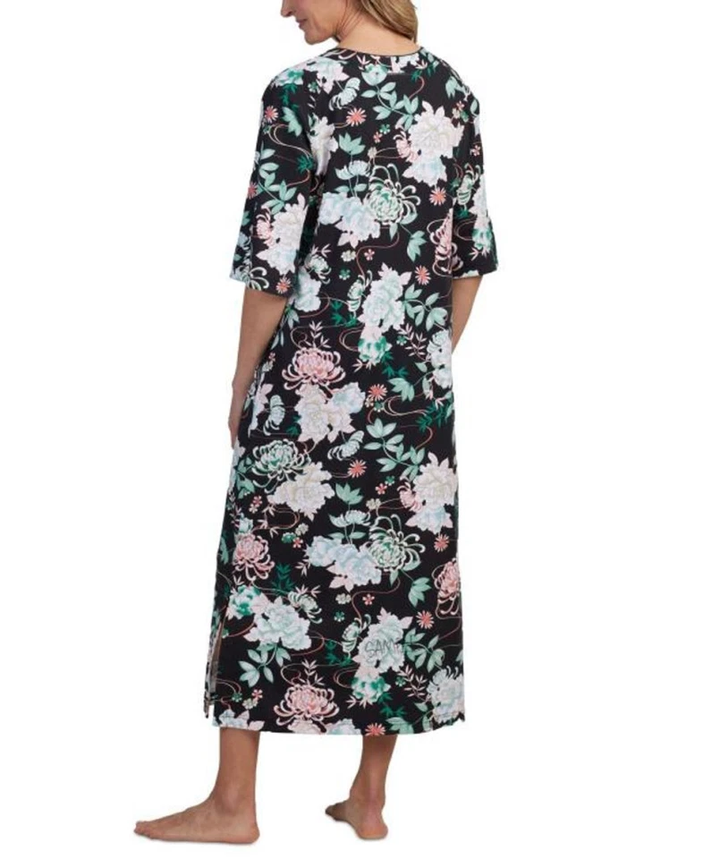 Bata Larga Miss Elaine Pequeña Estampada Negra y Floral Manga 3/4 Cremallera Frontal Nueva con Etiquetas Foto 2 de 4