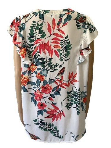 Dr2 Blouse Women's Size Large white Floral V-Neck Ruffle Lightweight Sheer - Picture 11 of 13