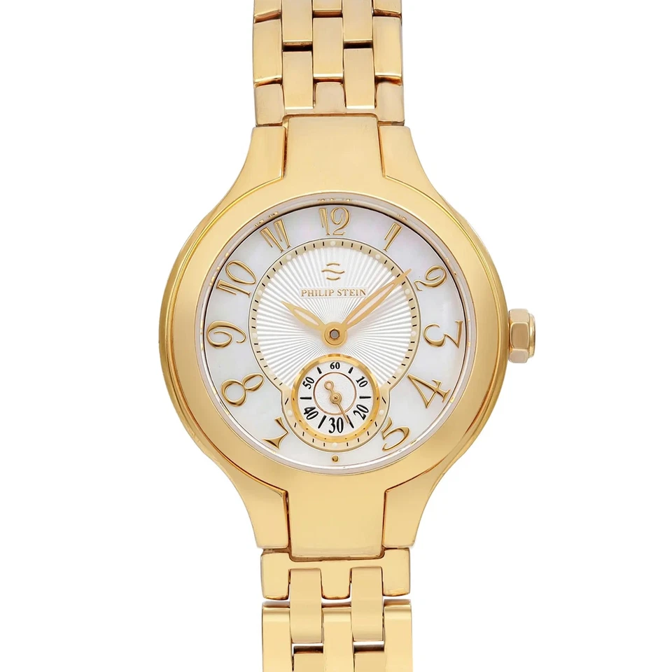 Reloj de cuarzo Philip Stein redondo mini 28 mm tono dorado esfera MOP para dama 44GP-FMOP Foto 2 de 4