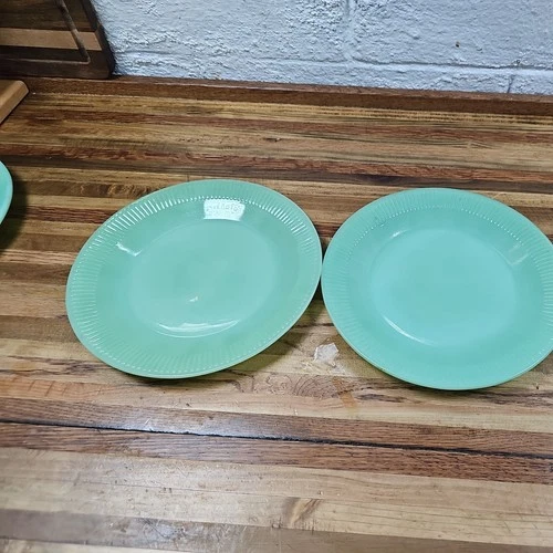 2 Vintage MCM Fire King Jadeite Jane Ray Dinner Plates 9" Ribbed 1945-63
