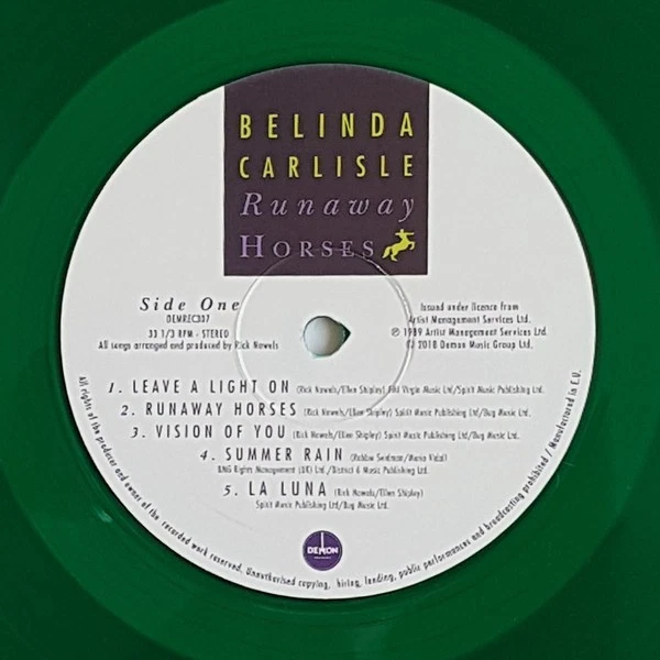 BELINDA CARLISLE - RUNAWAY HORSES - LP - TRANSLUCENT GREEN VINYL - RARE LE - NEW - Image 3 of 4