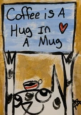 ACEO Cat Painting Original Collectible Funny Coffee Folk Art By Samantha McLean