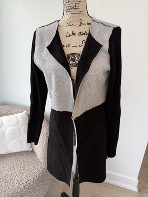 Baciano Open Cardigan Sweater Coat M  Soft Women s Black Fuzzy White Mid Length