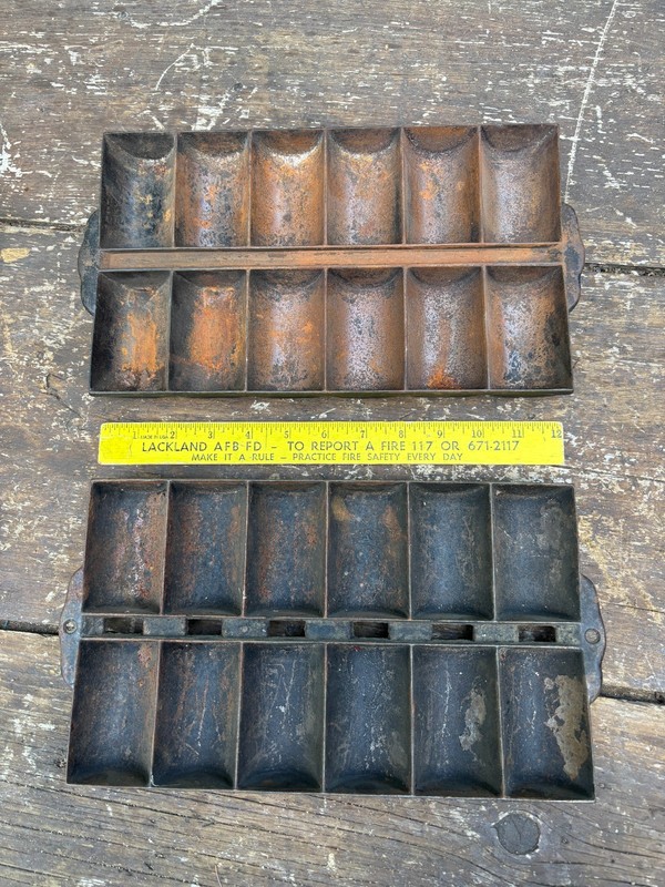 2 Vintage Unbranded Cast Iron French Roll Pans 12 Molds Sections Primitive