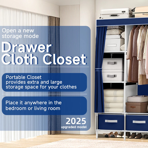 Large Portable Closet Portable Clothes Wardrobe with 3 Drawer 4 Storage Shelves - Picture 6 of 7