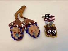 Pair Vintage Native American Miniature Beaded Leather Moccasins