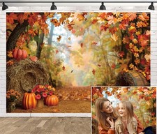 10x8 FT Fall Thanksgiving Backdrop Autumn Forest Maple Leaf Pumpkin Photography