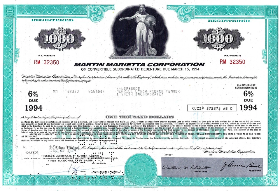Martin Marietta Corporation, 1974, 6% Debenture due 1994 (1.000 $) Merrill Lynch - Bild 1 von 1