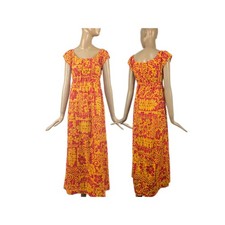Vintage 70s Kuma Hawaii Tiki Print Neon Day-Glo Maxi Dress Hawaiian Luau Summer
