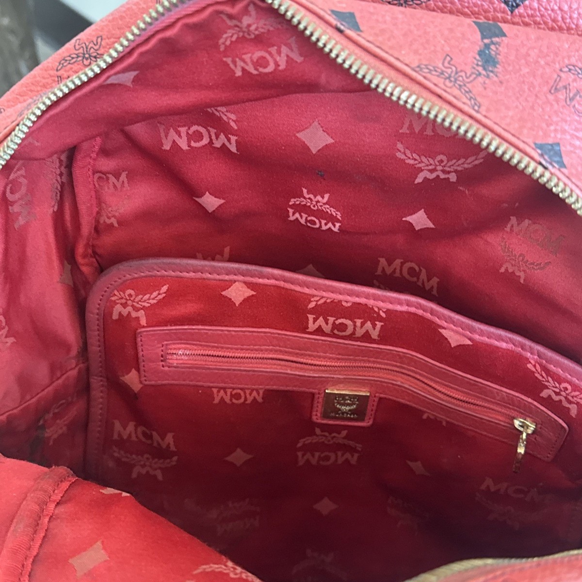 MCM Red Leather Black Logo Monogram Backpack Gold Hardware 