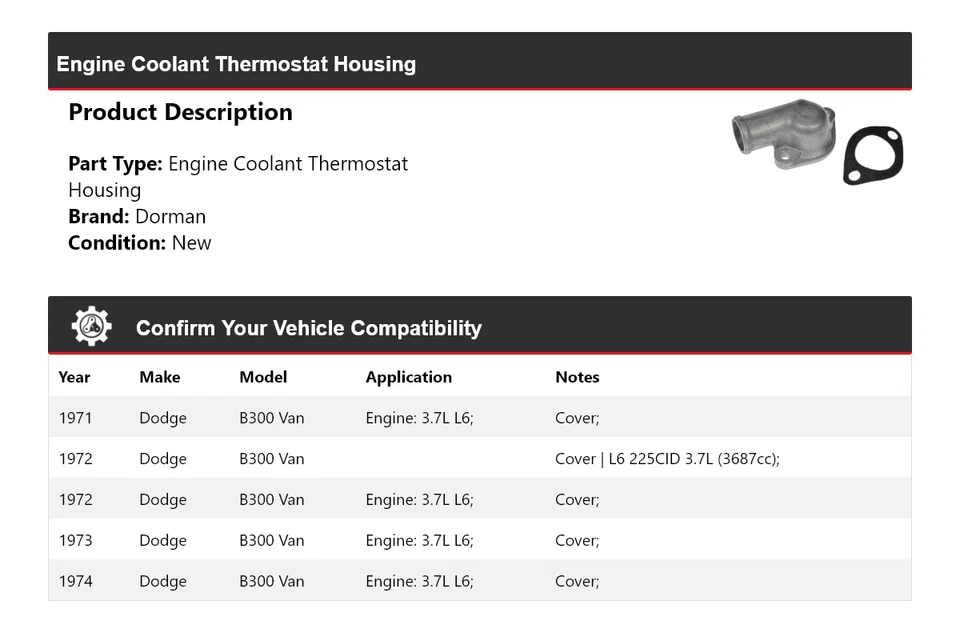 Carcasa termostato refrigerante motor Dodge B300 Van Dorman 1971-1974 1972 1973 Foto 2 de 4