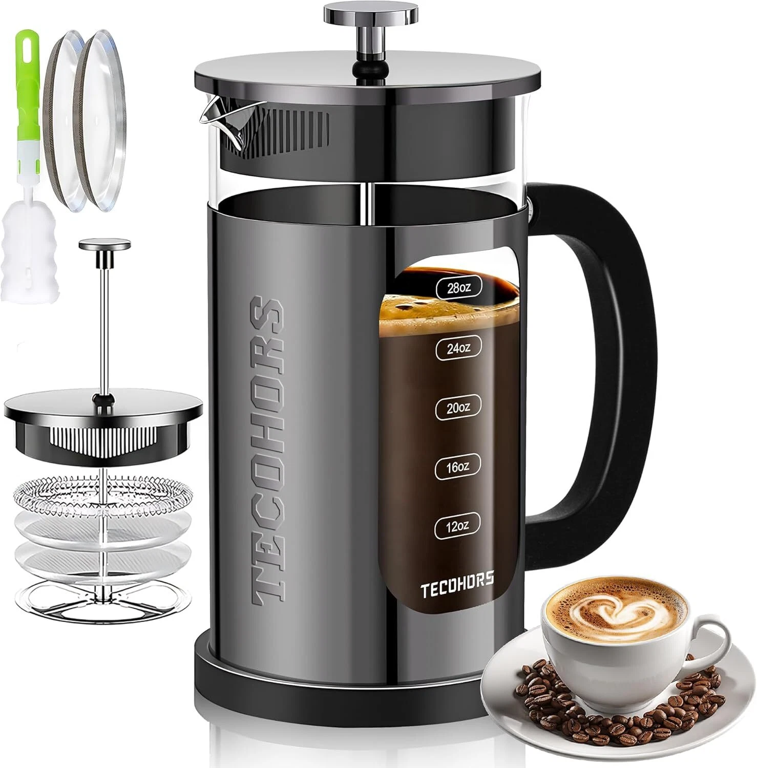 French Press Coffee Maker 34oz / 1 Quart 304 Stainless Steel Bright Black