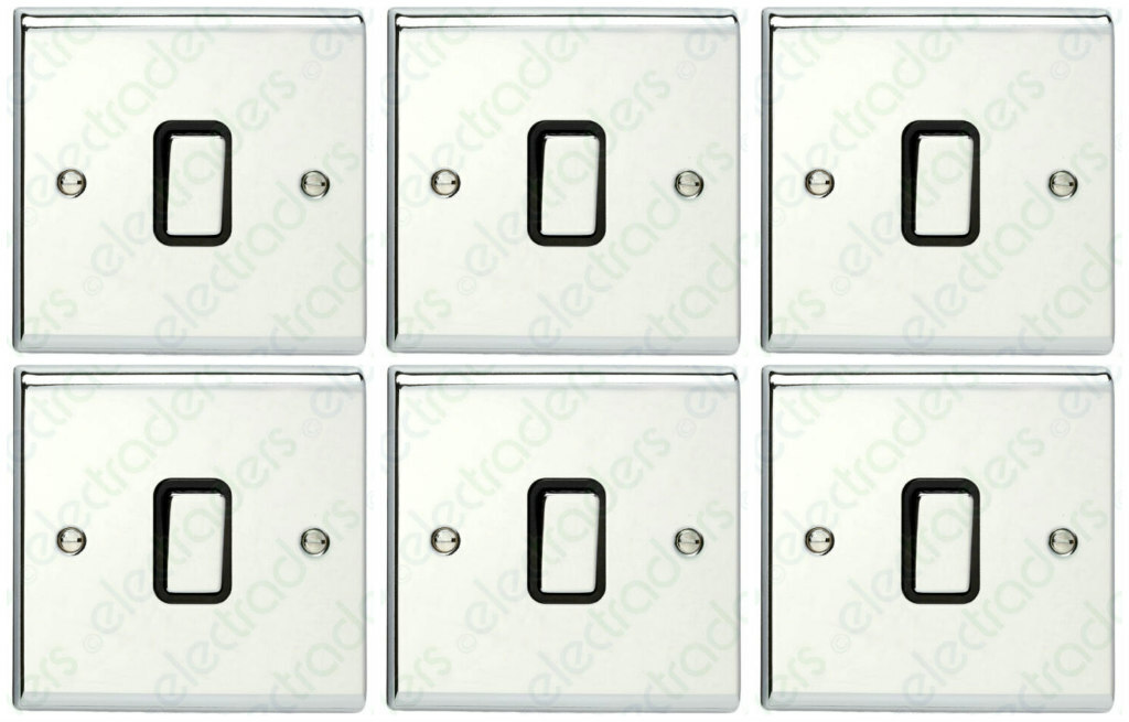 6 x Deta SD1203CHB Light Switches 1G 2 Way 10 Amp Polished Chrome Black Insert
