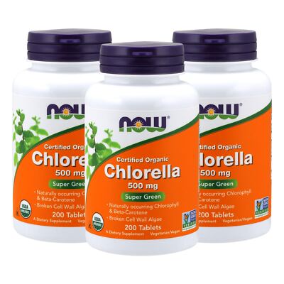 3 x NOW Chlorella 500 mg 200 Tabs USDA Certified Organic Green Superfood