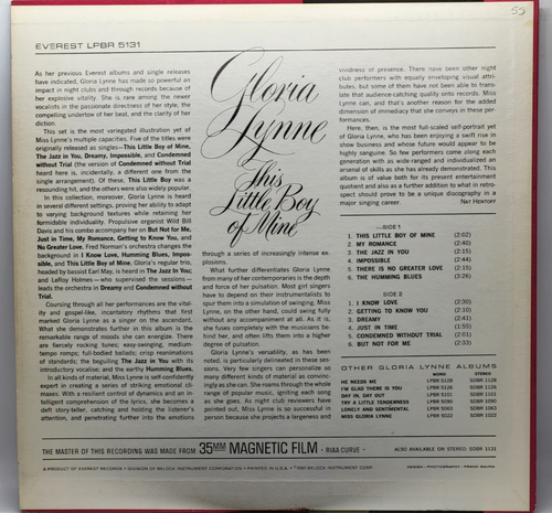 GLORIA LYNNE, THIS LITTLE BOY OF MINE, EVEREST RECORDS LPBR-5131 MONURAL - Picture 4 of 13