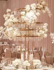 4 Sets Gold metal round chandelier crystal acrylic Wedding table centerpiece 