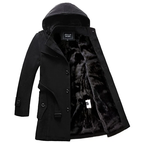 Winter Mens Thicken Wool Blend Peacoat Jacket Hooded Mid Long Trench Coat Parka - Picture 3 of 15