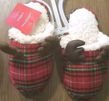 Children's Holiday Slippers Size 9 - 10. Red Plaid With Reindeer Antlers NEW
