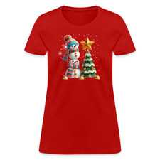 Cute Christmas Funny Snowman Decorating Tree Women's Contoured T-Shirt
