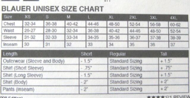 Blauer Size Chart