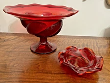 2 Vtg Fenton Atomic Swirl Ruby Red Art Glass Bowls 1 Pedestal & 1 Dish - Ashtray