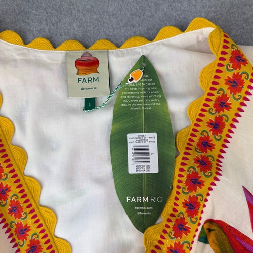 Farm Rio Maxi Dress Vivid Garden White Floral Parrot Resort Boho Size Large NWT - Picture 3 of 24