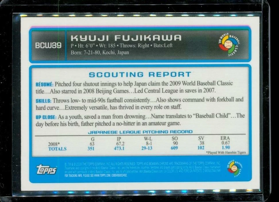 2009 Baseball Trading Card TOPPS Bowman Chrome World BCW39 KYUJI FUJIKAWA Japan - Image 2 of 2
