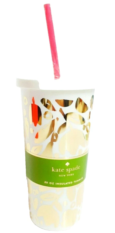 Kate Spade Golden Floral Tumbler with Lid Straw Gold Metallic Multi 20 Fl Oz NWT - Image 4 of 4