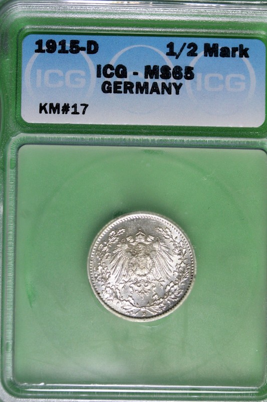1915 - D ICG MS65 Germany 1/2 Mark!!  #B37322
