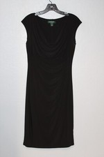 Lauren Ralph Lauren Dress Women 8 Black Slinky V-Neck Ruched Formal Classic