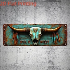 Vintage Wild West Bull Skull Metal Sign Rustic Western Bar Man Cave Wall Decor