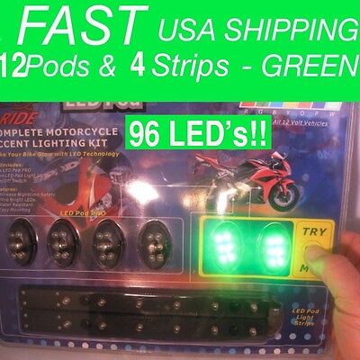 16 Pc Green 96 LED Lighting POD kit UNDER GLOW Motorcycle Moto 12V NEON Bright!