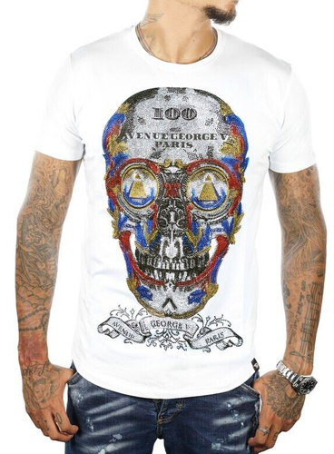 Avenue George V Paris T-Shirt Graphic Skull Rhinestone Men's White fitted Tee L