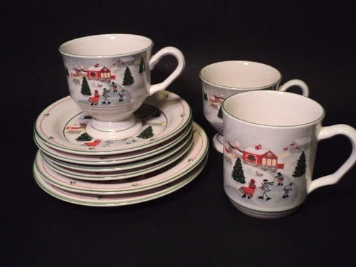 9 pcs Sango Silent Night 3 Coffee Mug Cup Christmas 4 saucers 2 plates 7 1/2"