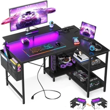 40 Inch Gaming Desk with USB Power Outlets and LED Lights, Reversible L Shaped C