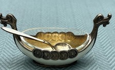 Theodor Olsen Norway Sterling Silver White Glass Salt Cellar Viking Ship w Spoon