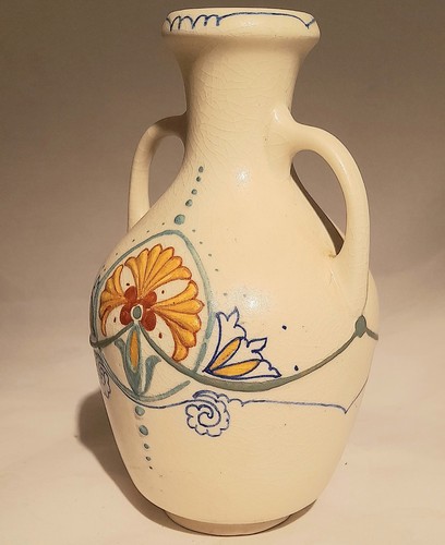 Jarrón de cerámica artística antiguo holandés Art Nouveau Klaas Vet Arnhem marcado FD 236 c 1910 - Imagen 4 de 11