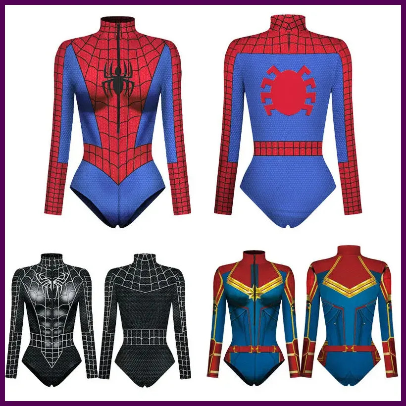 Mujer Spiderman Traje de Baño Superhéroe Capitana Marvel Body Anime Negro.