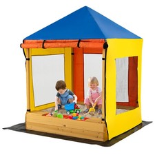 Kids Wooden Sandbox w/ Canopy Sand Pit w/ Windows Curtains Bench Storage