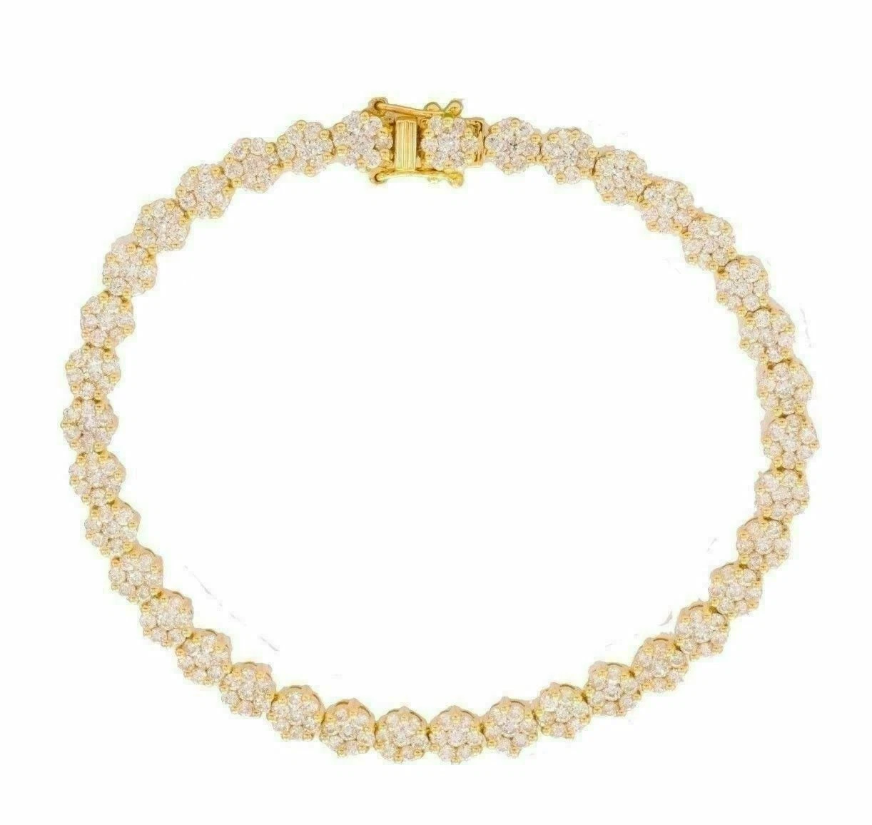 ESTATE WIDE 4.40CT DIAMOND 18KT YELLOW GOLD 3D FLOWER CLUSTER TENNIS BRACELET
