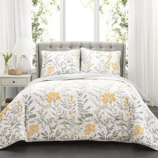 Aprile Reversible Floral Quilt King Size 3 Piece Set King, Yellow  Gray - Be...