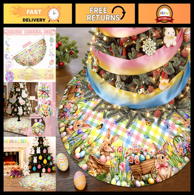 48'' Easter Tree Skirt - Rabbit Eggs Plaid Floral Mat for Spring Holiday Decor