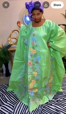 Women s African Boubou Kaftan Dress Headwrap Set Green Purple Floral Emb One