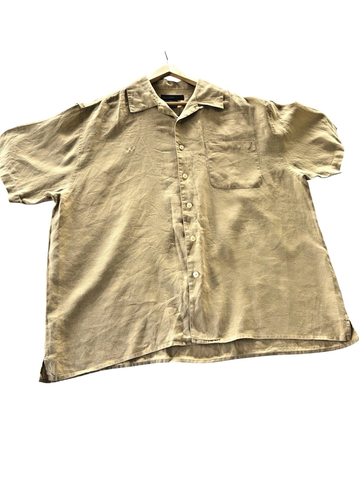 Maxwell & Co Linen Shirt Mens XL Beige Short Sleeve Button Up Casual Camp
