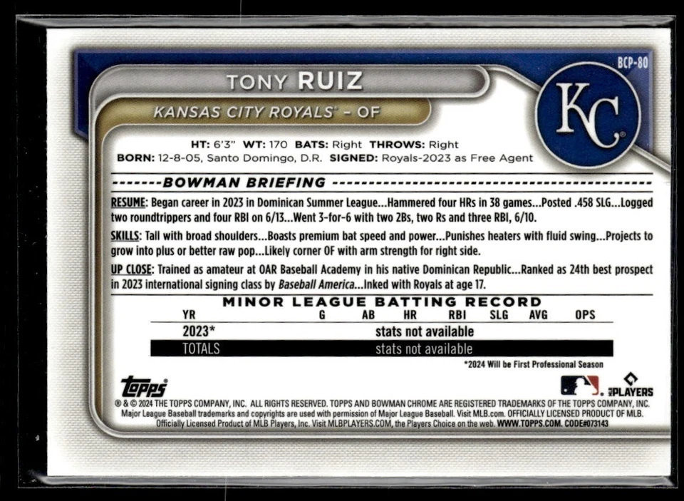 2024 Topps Chrome Prospects Bowman #BCP-80 Tony Ruiz - Image 2 of 2