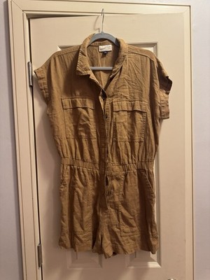 Universal Thread Linen Romper Brown Size 8 Collared Button Cap Sleeve Pockets